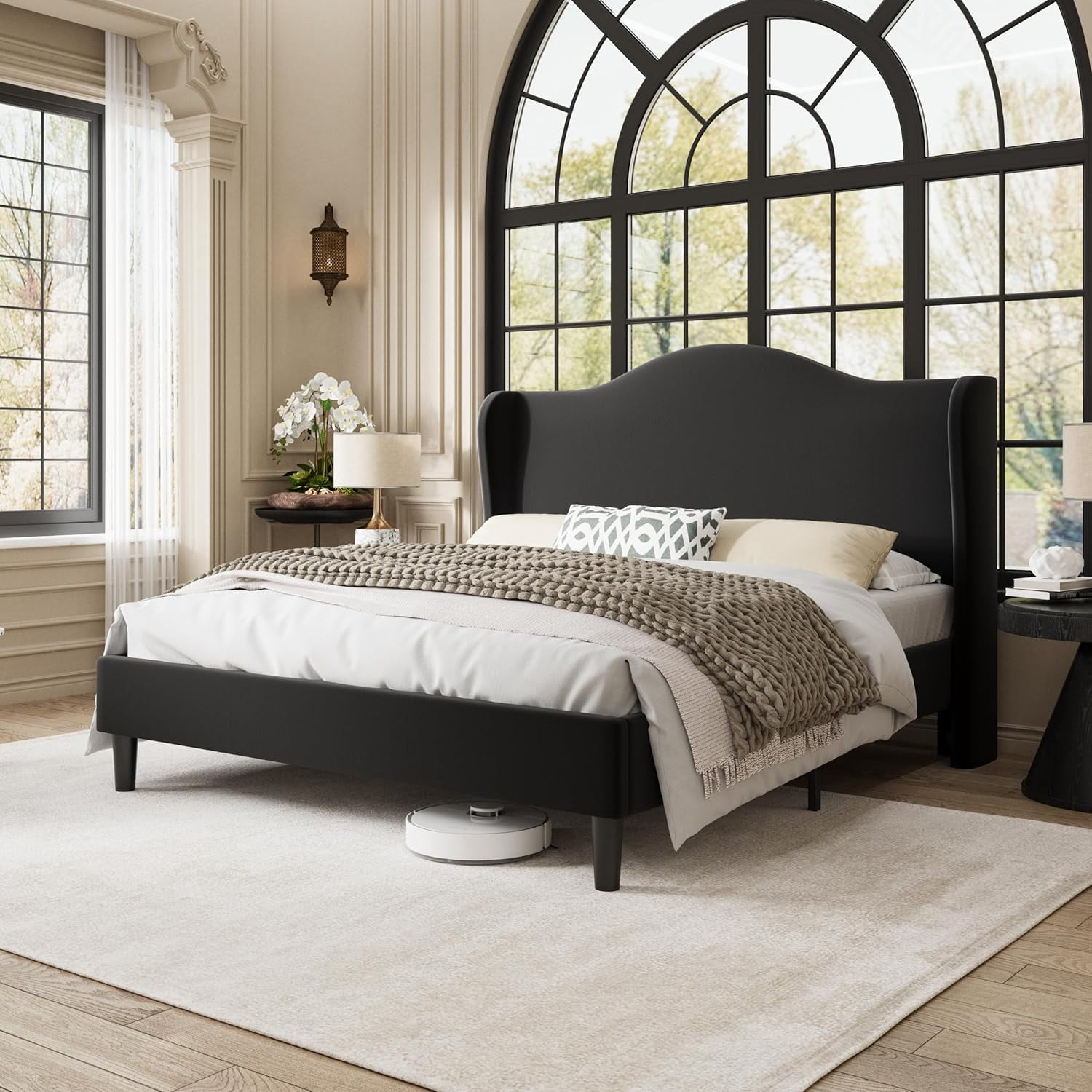 Allewie Queen Size Bed Frame, Upholstered Wingback Platform with 47" Tall Tufted Headboard, Plush Velvet Fabric, Modern Minimalist Design, No Box Spring Required, Tool-Free Assembly, Black