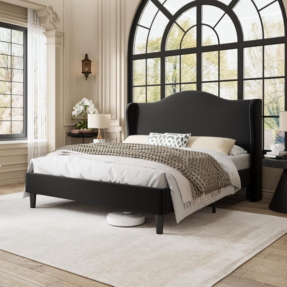 Allewie Queen Size Bed Frame, Upholstered Wingback Platform with 47" Tall Tufted Headboard, Plush Velvet Fabric, Modern Minimalist Design, No Box Spring Required, Tool-Free Assembly, Black