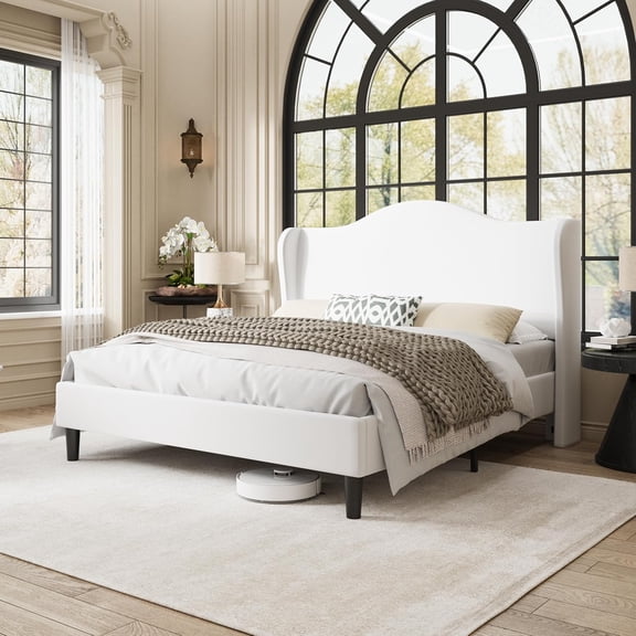 Allewie Queen Size Bed Frame, Upholstered Wingback Platform with 47" Tall Tufted Headboard, Plush Velvet Fabric, Modern Minimalist Design, No Box Spring Required, Tool-Free Assembly, White