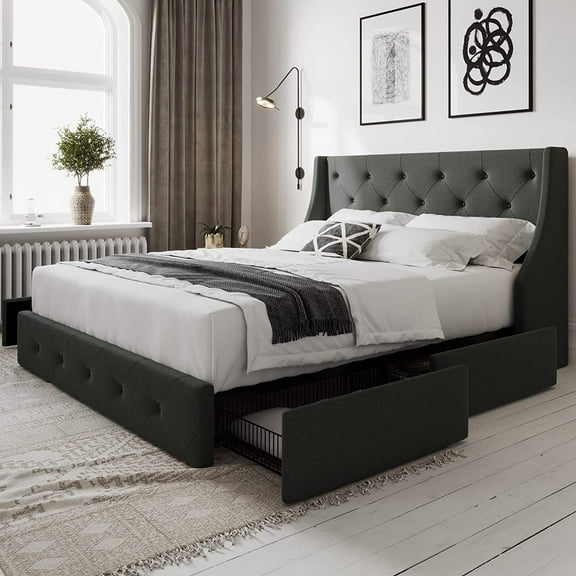 Allewie Queen Size Bed Frame with 4 Storage Drawers and Button Tufted & Wingback Headboard, Dark Grey