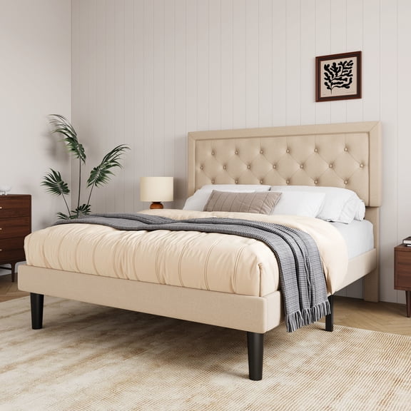 Allewie Queen Size Button Tufted/Fabric Upholstered Bed Frame with Adjustable Headboard/Wood Slat Support/Mattress Foundation/Beige