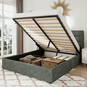 Allewie Queen Size Channel Wingback Wood Platform Bed with Storage, Dark Grey