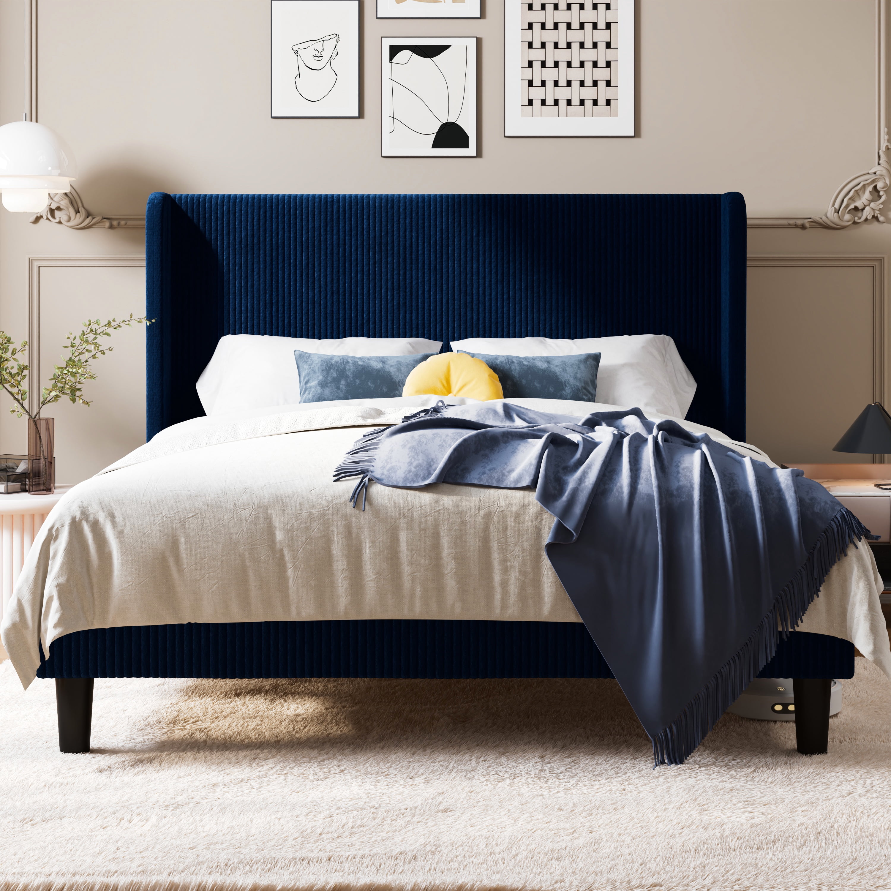 Allewie Queen Size Corduroy Upholstered Platform Bed Frame with Vertical Channel Tufted Wingback Headboard, 8" Under Bed Storage, Wooden Slats and Metal Frame Support, No Box Spring Needed, Dark Blue