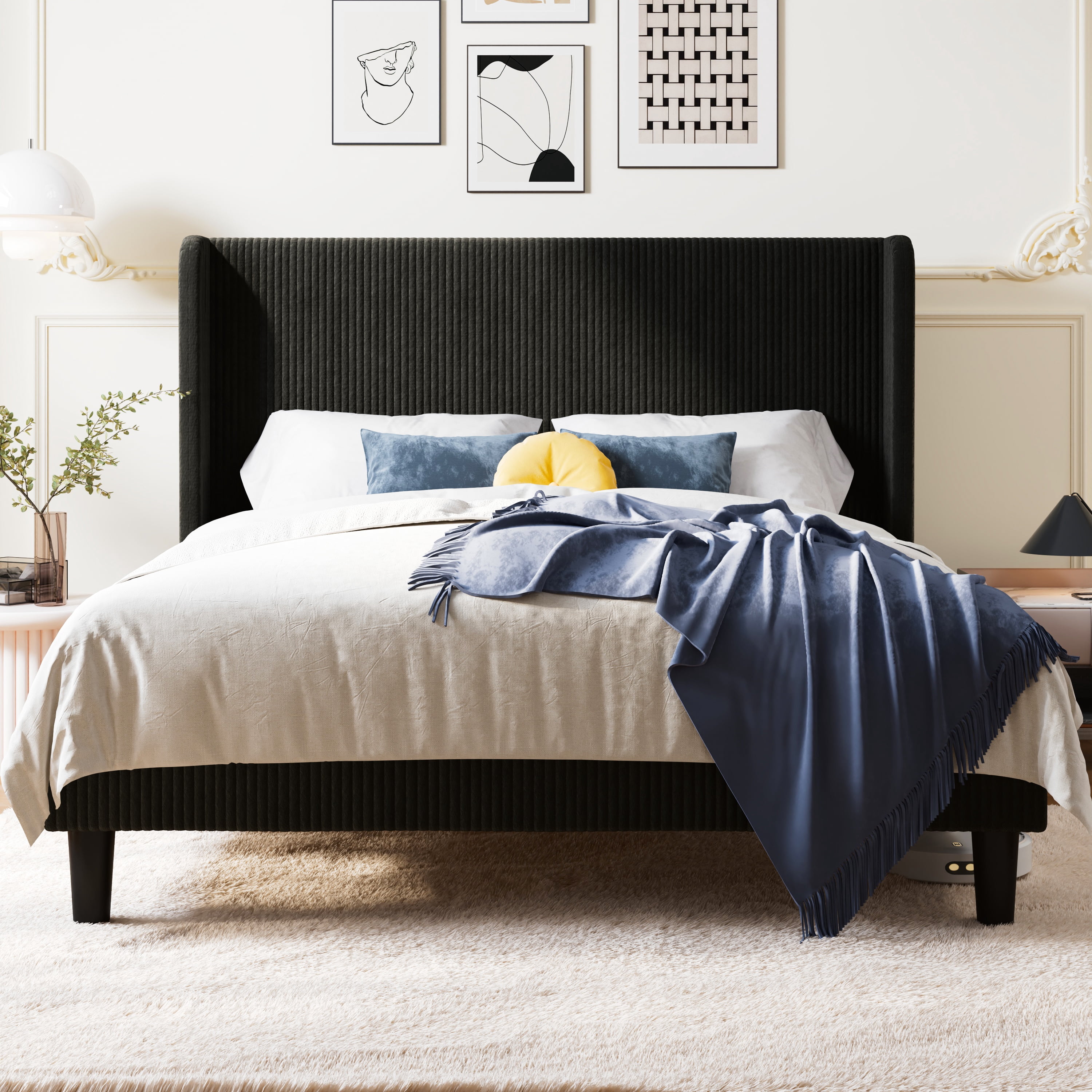 Allewie Queen Size Corduroy Upholstered Platform Bed Frame with Vertical Channel Tufted Wingback Headboard, 8" Under Bed Storage, Wooden Slats and Metal Frame Support, No Box Spring Needed, Black
