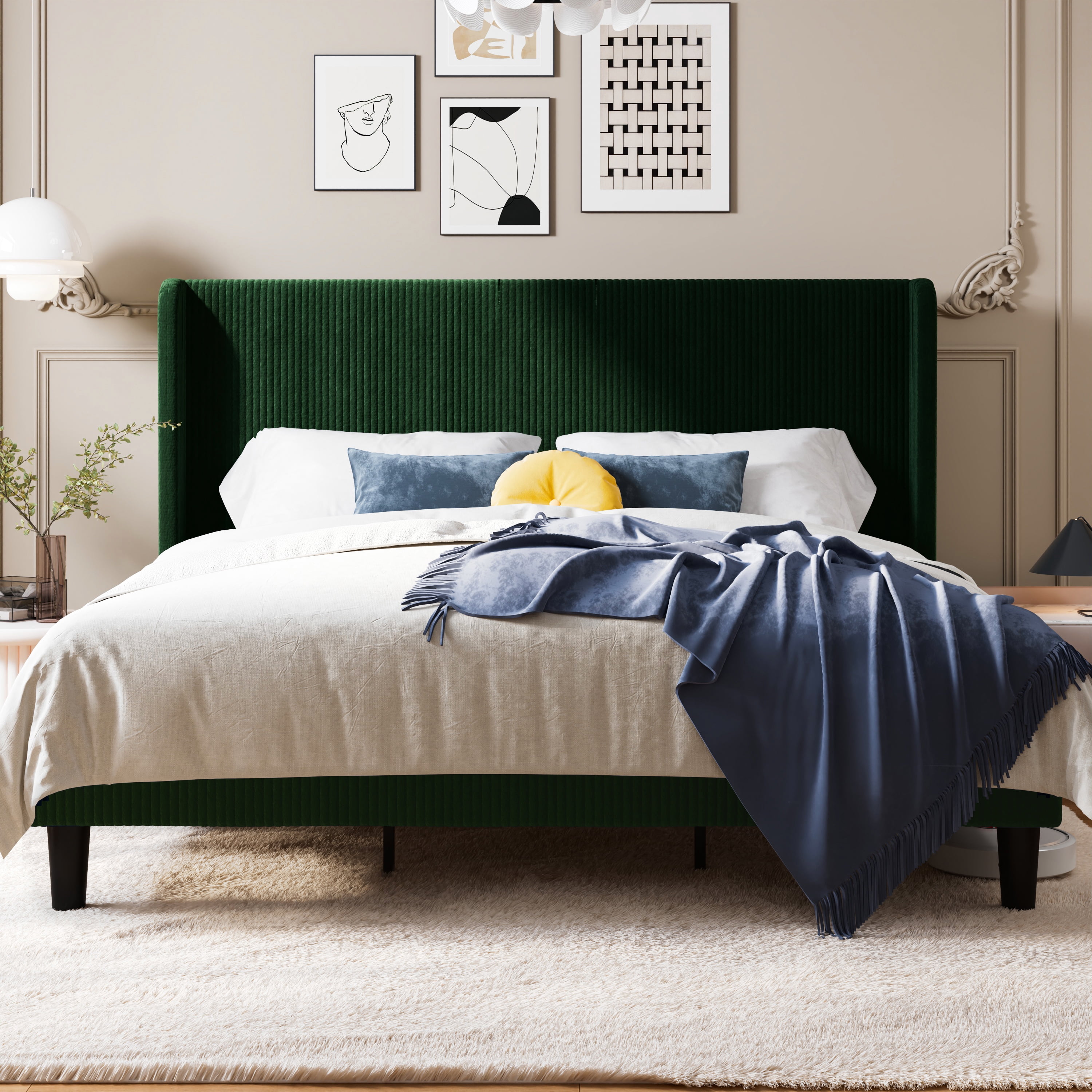 Allewie Queen Size Corduroy Upholstered Platform Bed Frame with Vertical Channel Tufted Wingback Headboard, 8" Under Bed Storage, Wooden Slats and Metal Frame Support, No Box Spring Needed, Green