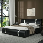 Allewie Queen Size Deluxe Upholstered Modern Platfrom Bed with Iron Pieces Decor and Adjustable Headboard and Solid Wooden Slats Support,Black