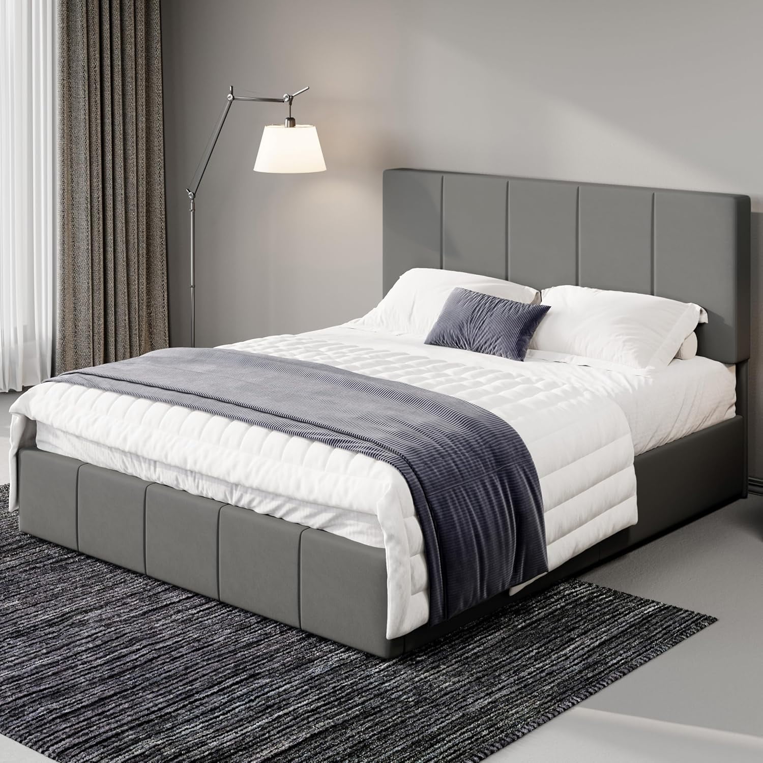 Allewie Queen Size Dutch Velvet Upholstered Platform Bed Frame/Vertical Channel Tufted Adjustable Headboard/Low Profile Bed Frame/No Box Spring Needed/Easy Assembly/Grey