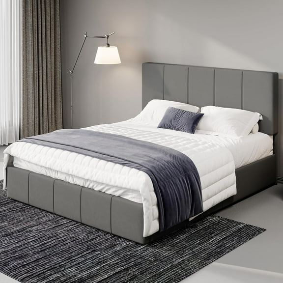 Allewie Queen Size Dutch Velvet Upholstered Platform Bed Frame/Vertical Channel Tufted Adjustable Headboard/Low Profile Bed Frame/No Box Spring Needed/Easy Assembly/Grey