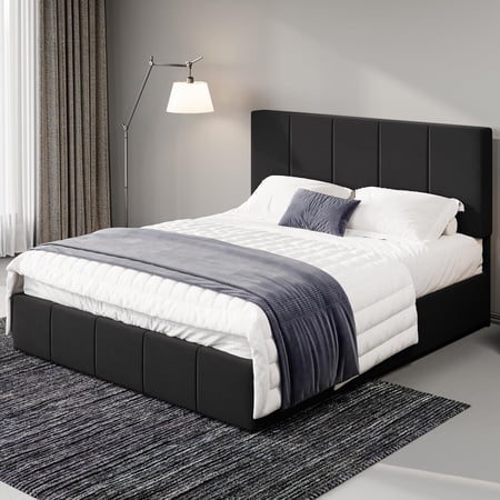 Allewie Queen Size Dutch Velvet Upholstered Platform Bed Frame/Vertical Channel Tufted Adjustable Headboard/Low Profile Bed Frame/No Box Spring Needed/Easy Assembly/Black
