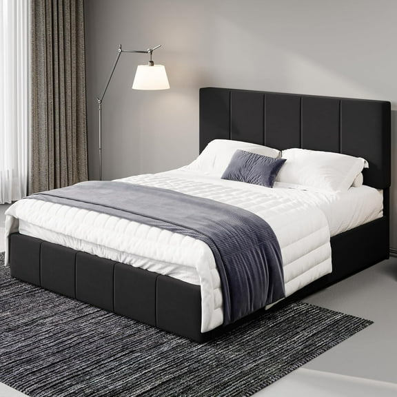 Allewie Queen Size Dutch Velvet Upholstered Platform Bed Frame/Vertical Channel Tufted Adjustable Headboard/Low Profile Bed Frame/No Box Spring Needed/Easy Assembly/Black