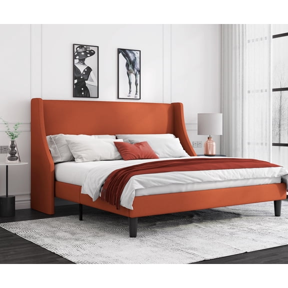 Allewie Queen Size Fabric Upholstered Platform Bed Frame with Wingback Headboard, Burnt Orange