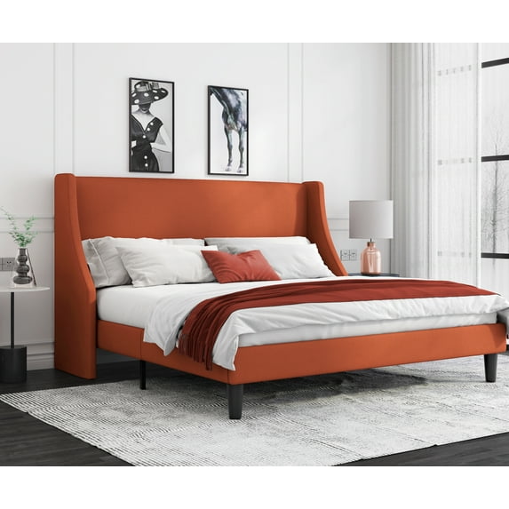 Allewie Queen Size Fabric Upholstered Platform Bed Frame with Wingback Headboard, Burnt Orange