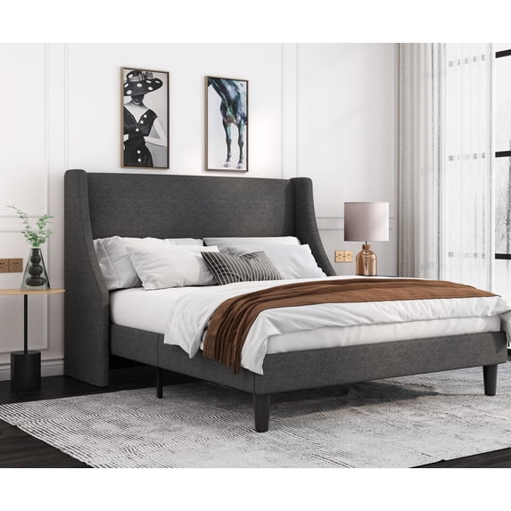 Allewie Queen Size Fabric Upholstered Platform Bed Frame with Wingback Headboard, Dark Grey