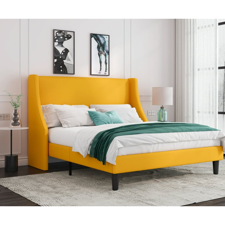 Queen Size Modern Platform Bed Frame with Wingback Light Yellow