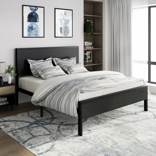 Allewie Queen Size Heavy Duty Bed Frame with Black Oak Headboard Engineered Wood 12 Under Bed Storage Walmart Business Supplies