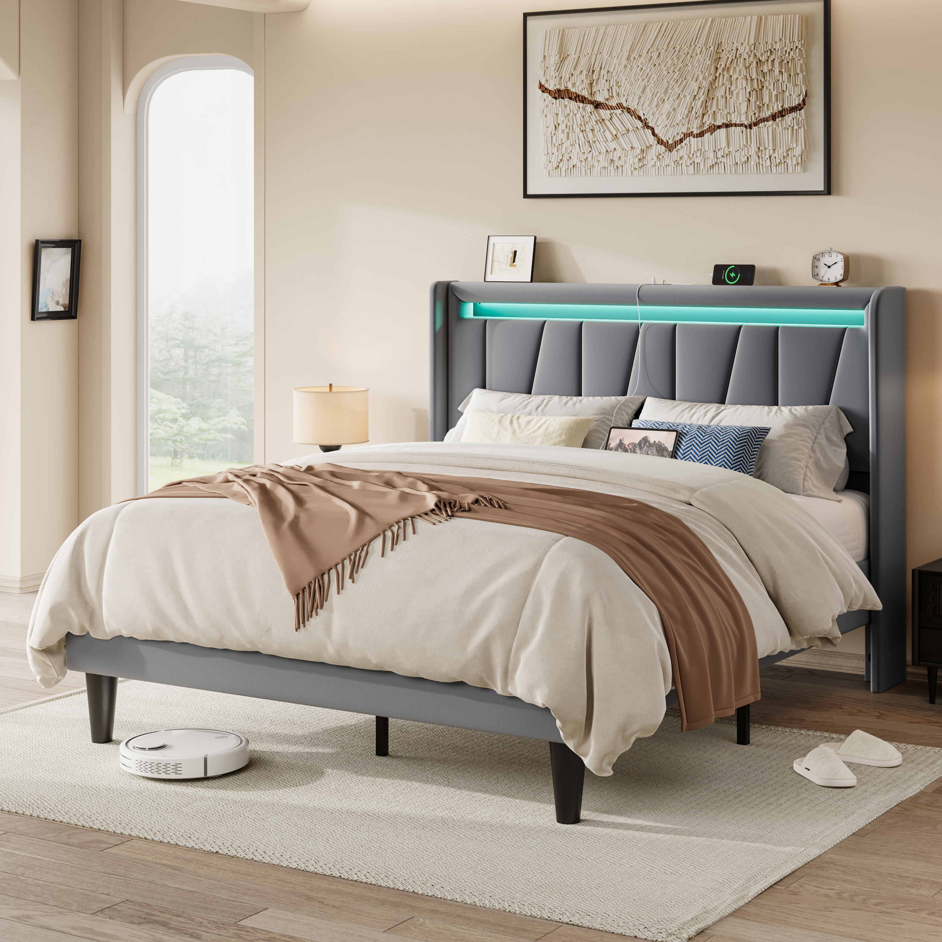 Allewie Queen Size LED Bed Frame with Charging Station, Velvet Upholstered Platform Bed with Geometric Wingback Headboard, Grey