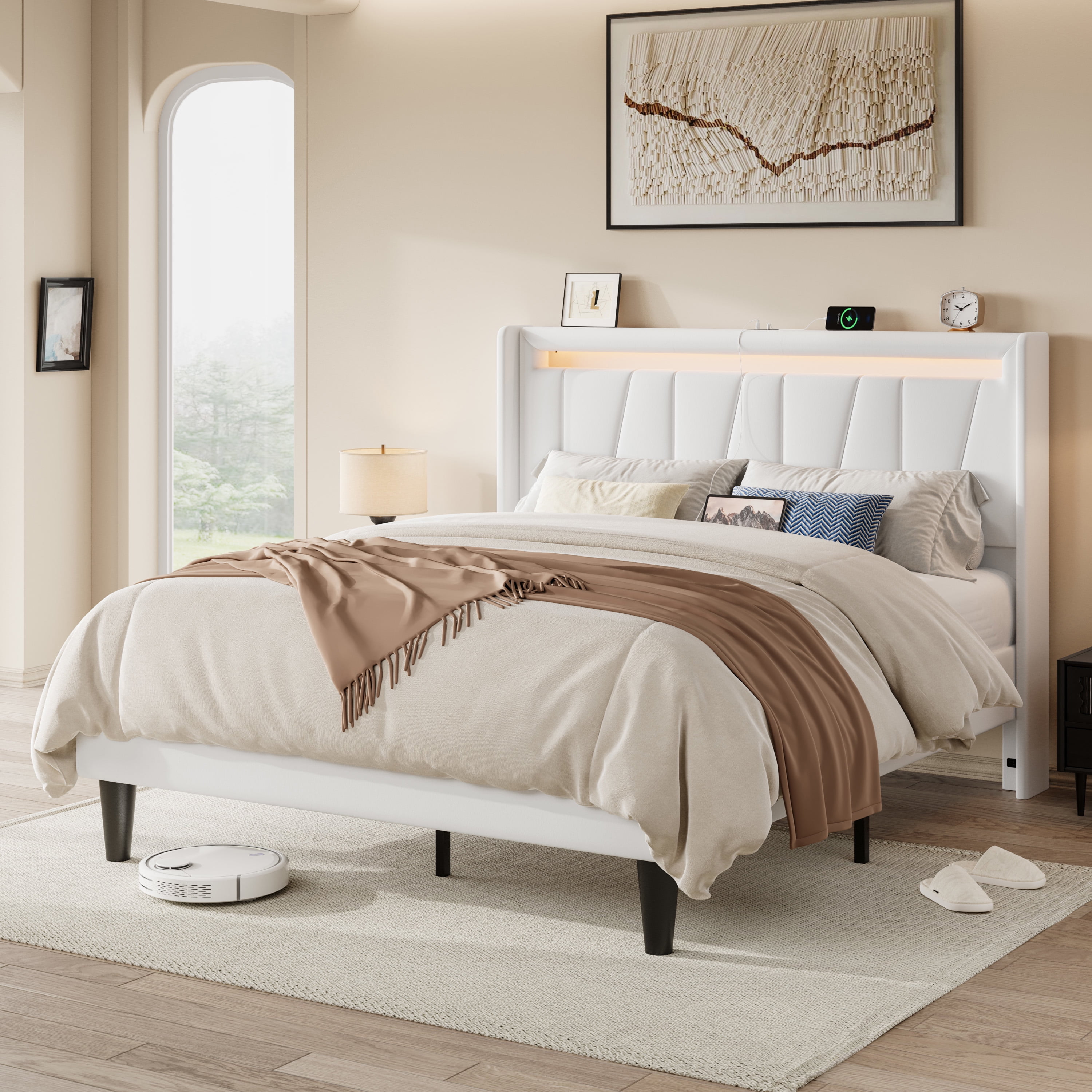 Allewie Queen Size LED Bed Frame with Charging Station, Velvet Upholstered Platform Bed with Geometric Wingback Headboard, White