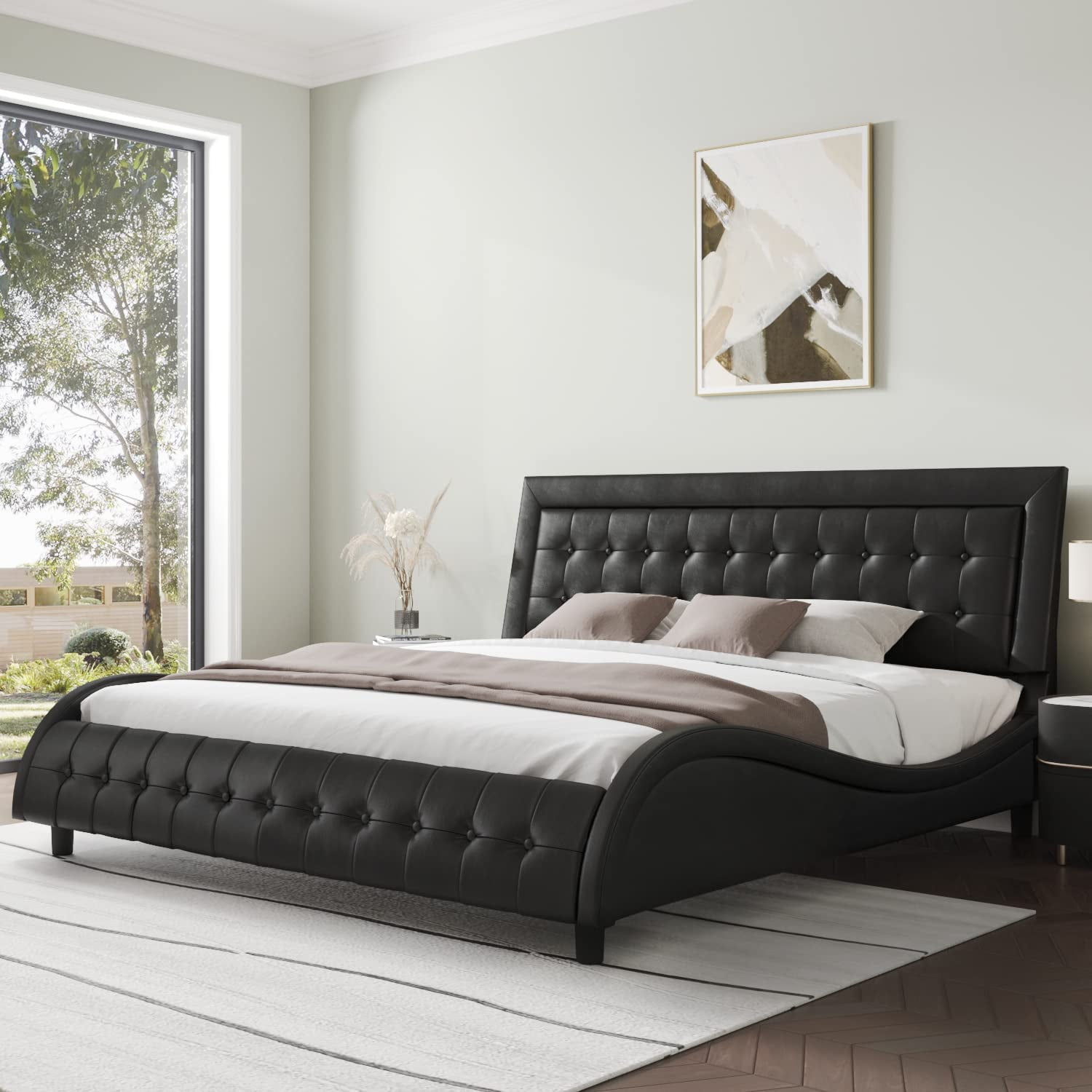 Allewie Queen Size Upholstered Leather Bed Frame with Modern Wavy Box