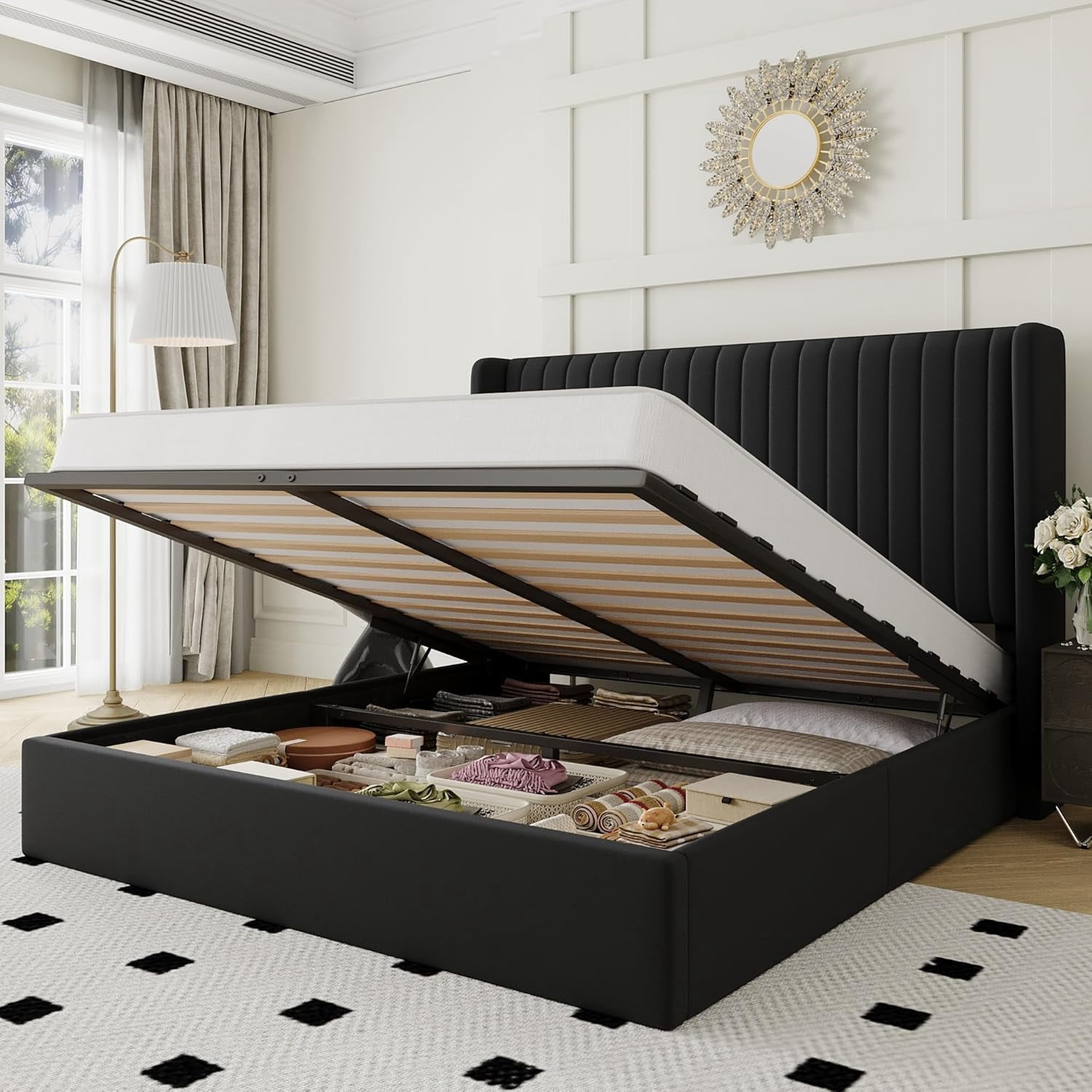 Allewie Queen Size Lift Up Storage Bed Frame, Hydraulic Support System, Upholstered Platform Bed Frame, Vertical Channel Tufted Headboard with Wingback, Black