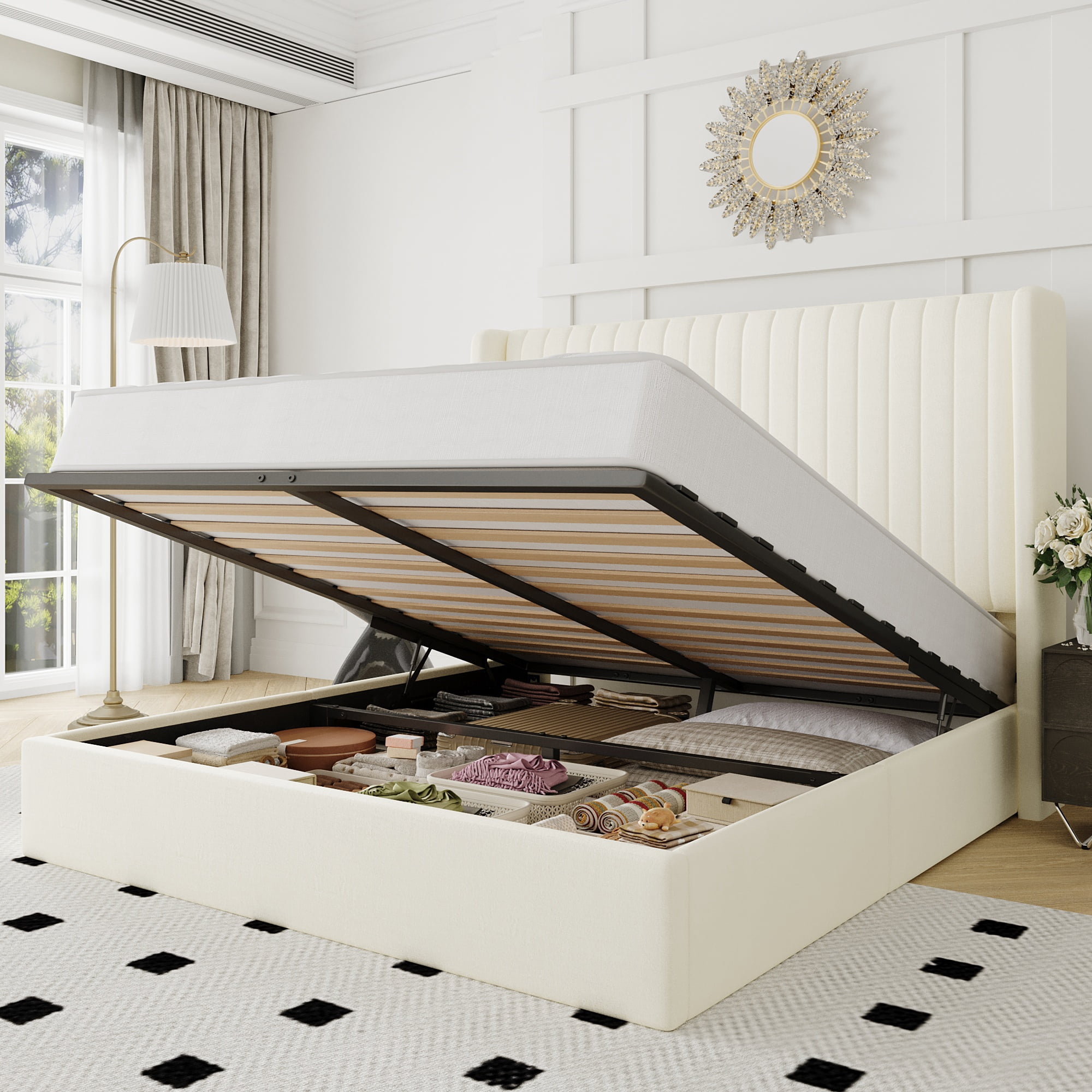 Allewie Queen Size Lift Up Storage Bed Frame, Hydraulic Support System, Upholstered Platform Bed Frame, Vertical Channel Tufted Headboard with Wingback, Cream White
