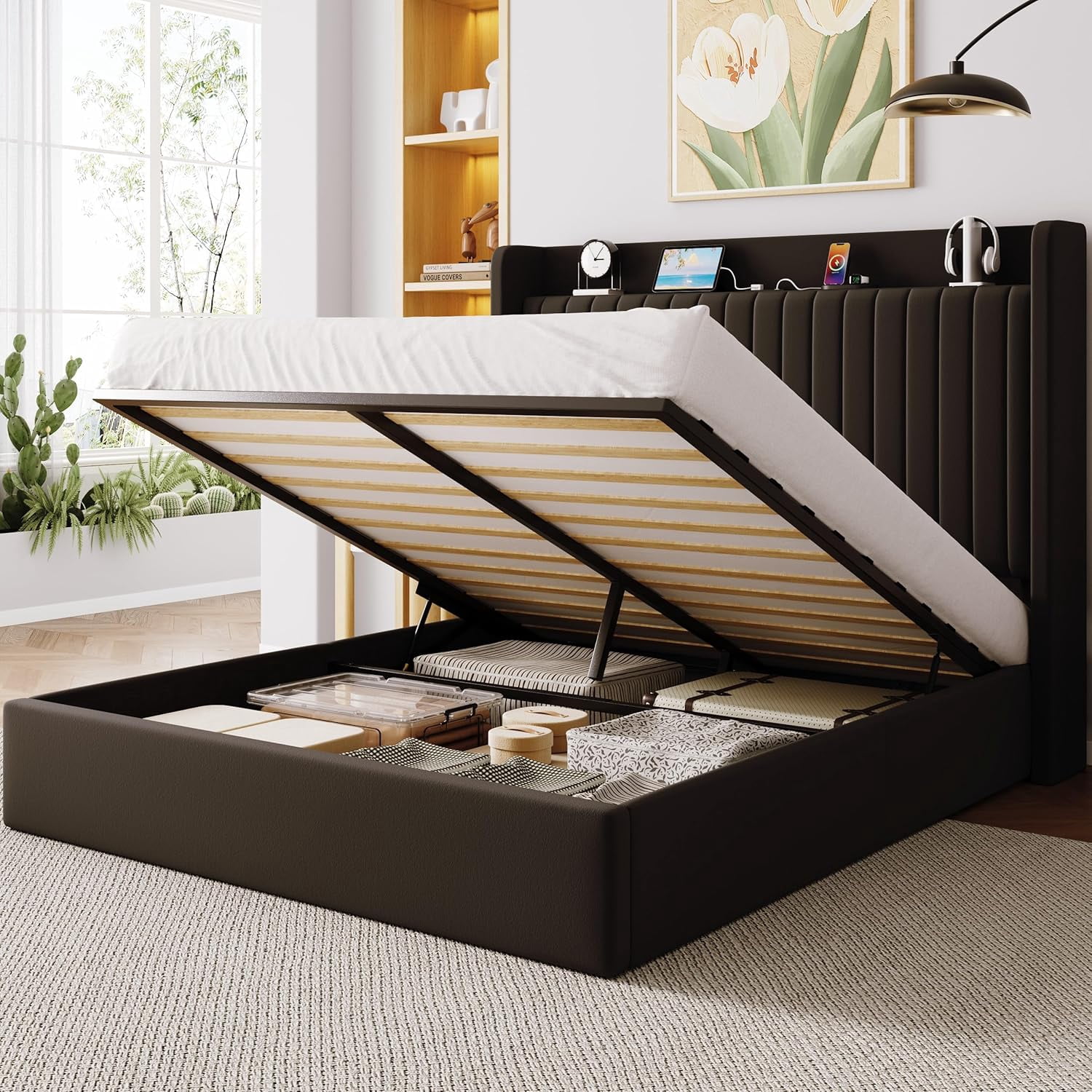 Allewie Queen Size Lift Up Storage Bed Frame, Storage Shelf Headboard with Charging Station, Type-C and USB Ports, Hydraulic Support, Velvet Upholstered Bed Frame, No Box Spring Needed, Black