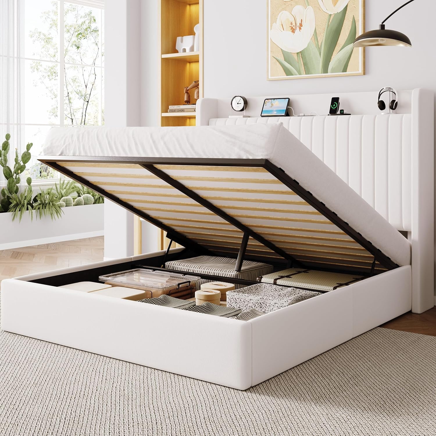 Allewie Queen Size Lift Up Storage Bed Frame, Storage Shelf Headboard with Charging Station, Type-C and USB Ports, Hydraulic Support, Velvet Upholstered Bed Frame, No Box Spring Needed, White