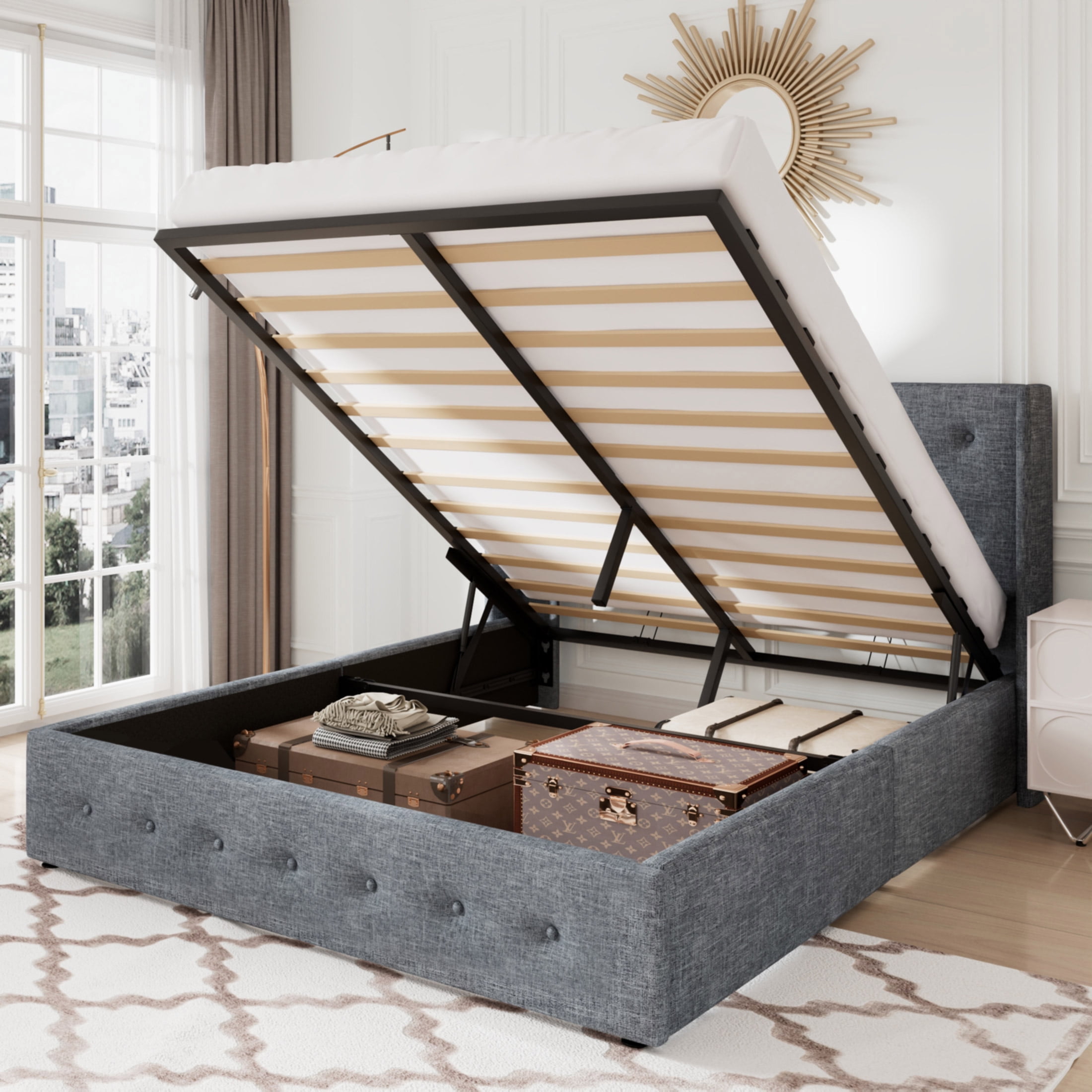 Allewie Queen Size Lift Up Hydraulic Storage Bed with Button Tufted ...