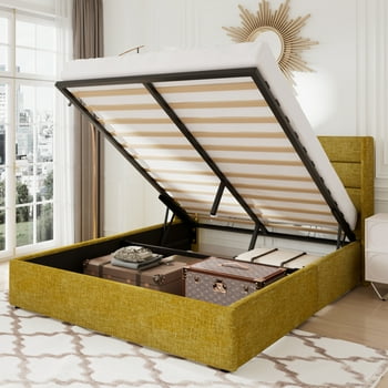 Allewie Queen Size Lift Up Hydraulic Storage Bed with Pannel Wingback Headboard, Olive Yellow