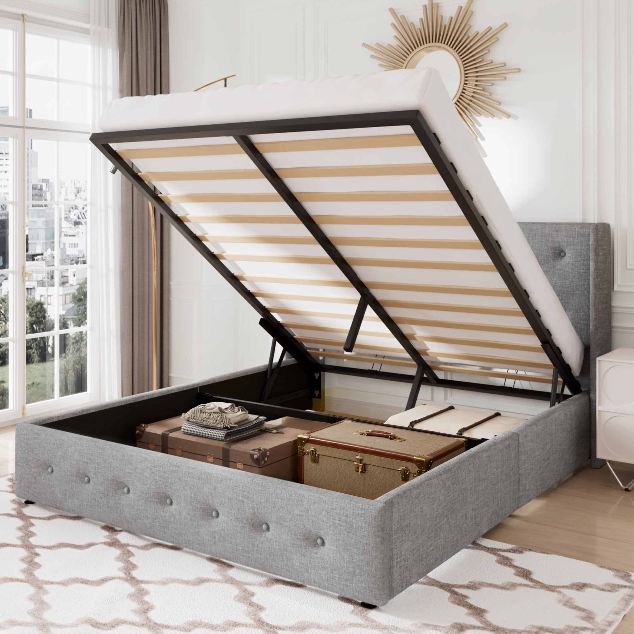 Allewie Queen Size Lift Up Platform Storage Bed Frame with Button Tufted Upholstered Wingback Headboard, Light Gray