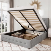 Allewie Queen Size Lift Up Platform Storage Bed Frame with Button Tufted Upholstered Wingback Headboard, Light Gray
