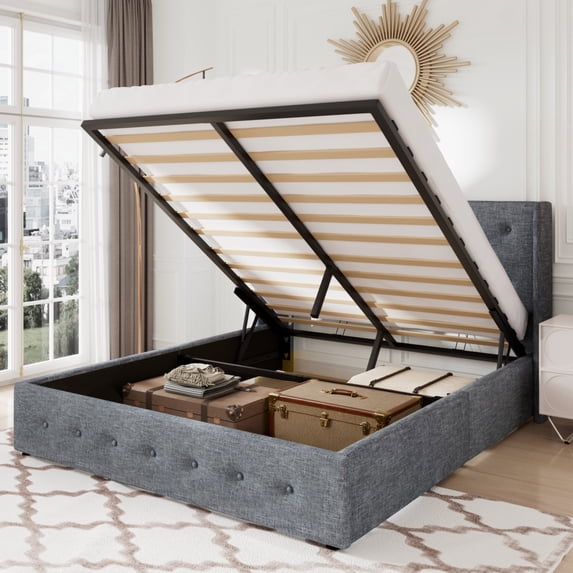 Allewie Queen Size Lift Up Platform Storage Bed Frame with Button Tufted Wingback Headboard, Grey Blue