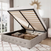 Allewie Queen Size Lift Up Platform Storage Bed Frame with Button Tufted Wingback Headboard, Light Beige