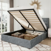 Allewie Queen Size Lift Up Platform Storage Bed Frame with Channel Wingback Headboard, Grey Blue