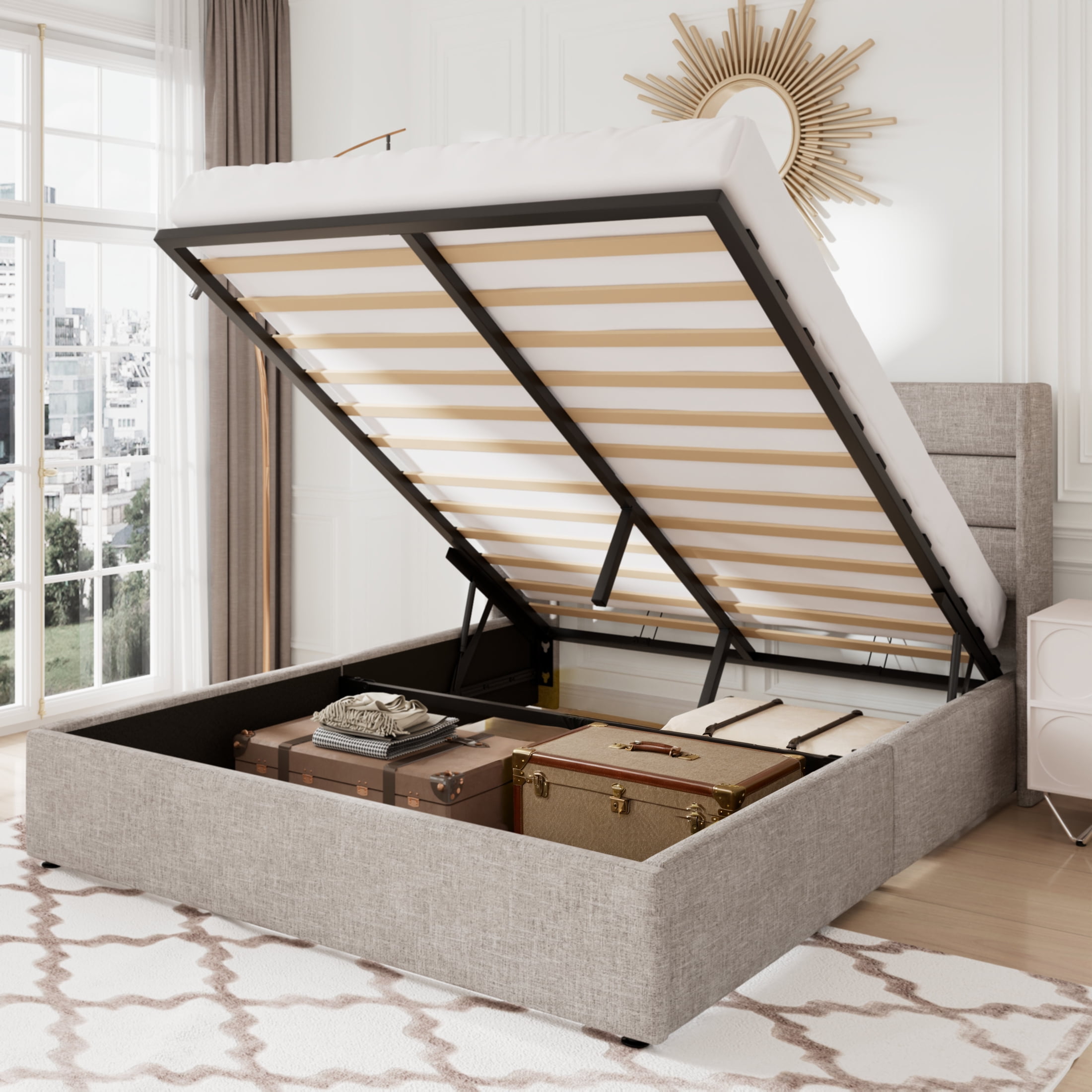 Allewie Queen Size Lift up Hydraulic Platform Storage Bed Frame with Fabric Channel Wingback Headboard, Light Beige Allewie Queen Size Lift up Hydraulic Platform Storage Bed Frame with Fabric Channel Wingback Headboard, Light Beige