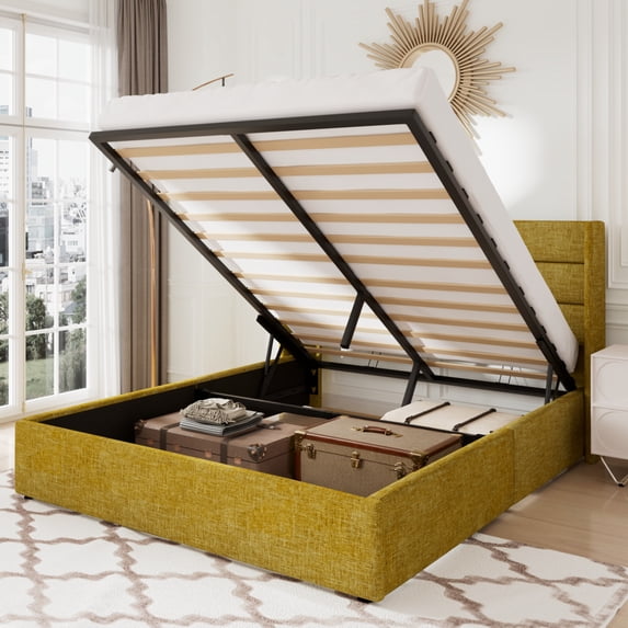 Allewie Queen Size Lift Up Platform Storage Bed Frame with Channel Wingback Headboard, Olive Yellow