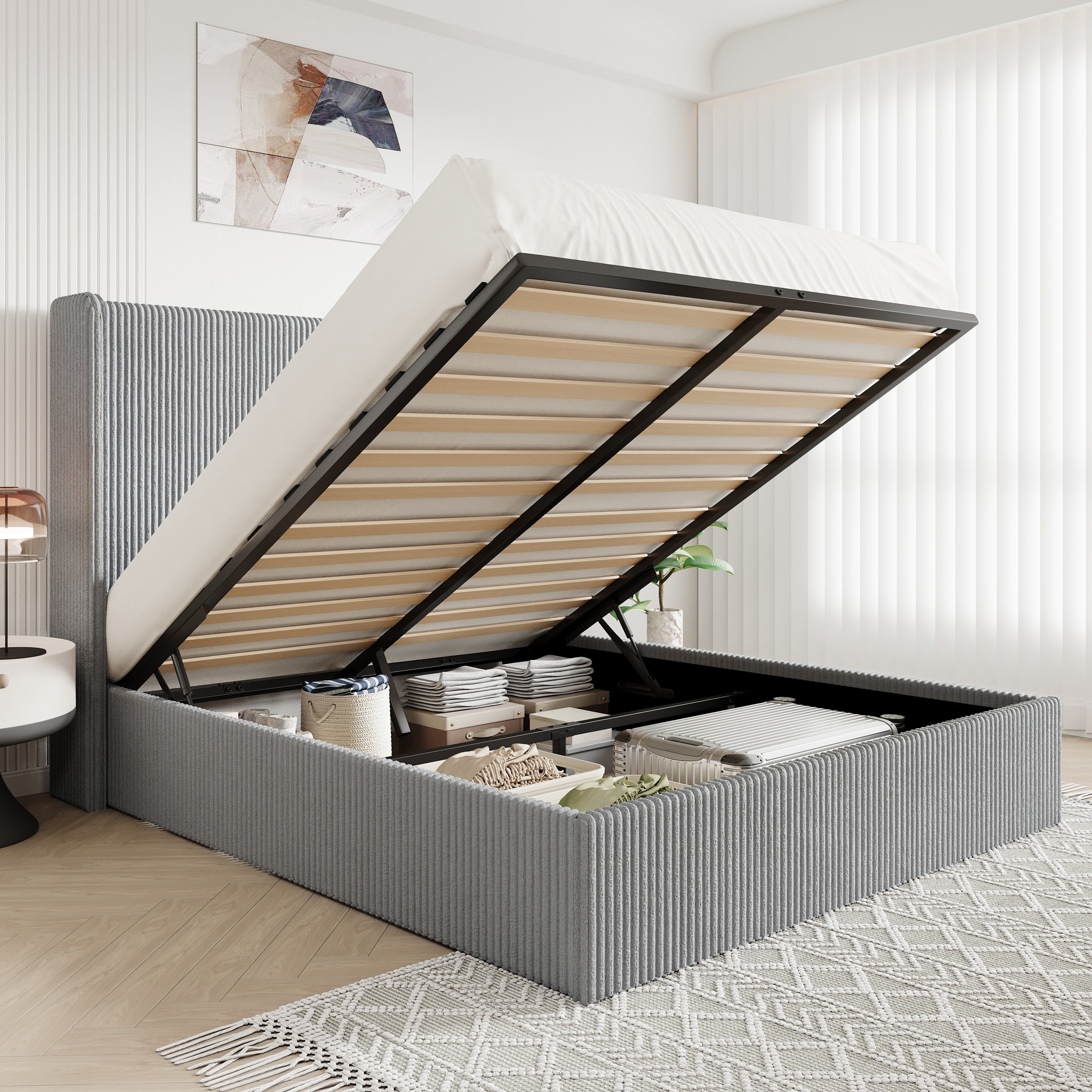 Allewie Queen Size Lift-Up Storage Bed Frame with Modern Wingback Headboard, Corduroy Upholstered Platform Bed, Hydraulic Gas Lift Support, Underbed Storage, Wooden Slats, No Box Spring Needed, Grey