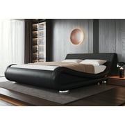 Sifurni Queen Size Low Profile Modern Upholstered Platform Bed Frame with Ergonomic & Adjustable Headboard, Black
