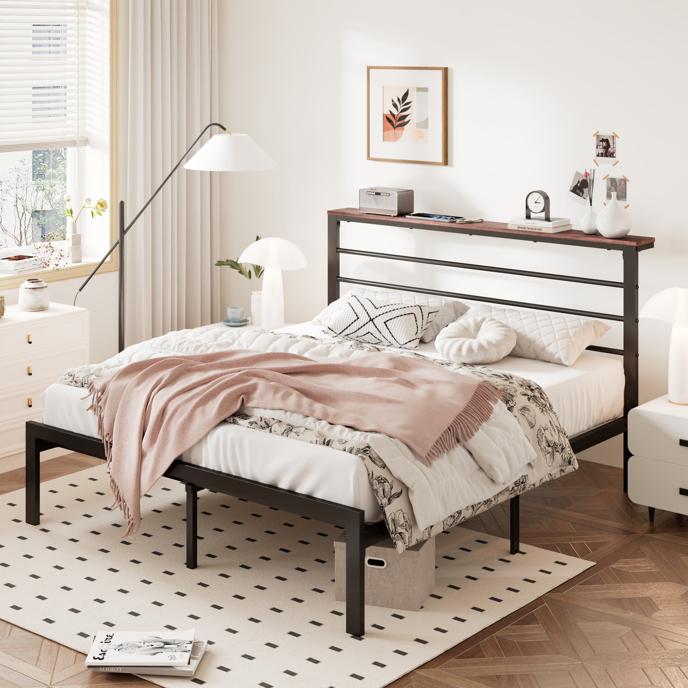 Allewie Queen Size Metal Platform Bed Frame with Brown Shelf Headboard ...
