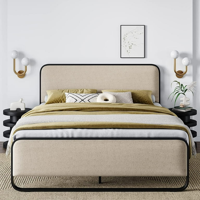 Allewie Queen Size Bed Frame, Beige Metal Platform with