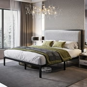 Allewie Queen Size Metal Platform Bed Frame with Fabric Upholstered Headboard, Heavy Duty Steel Structure, Grey