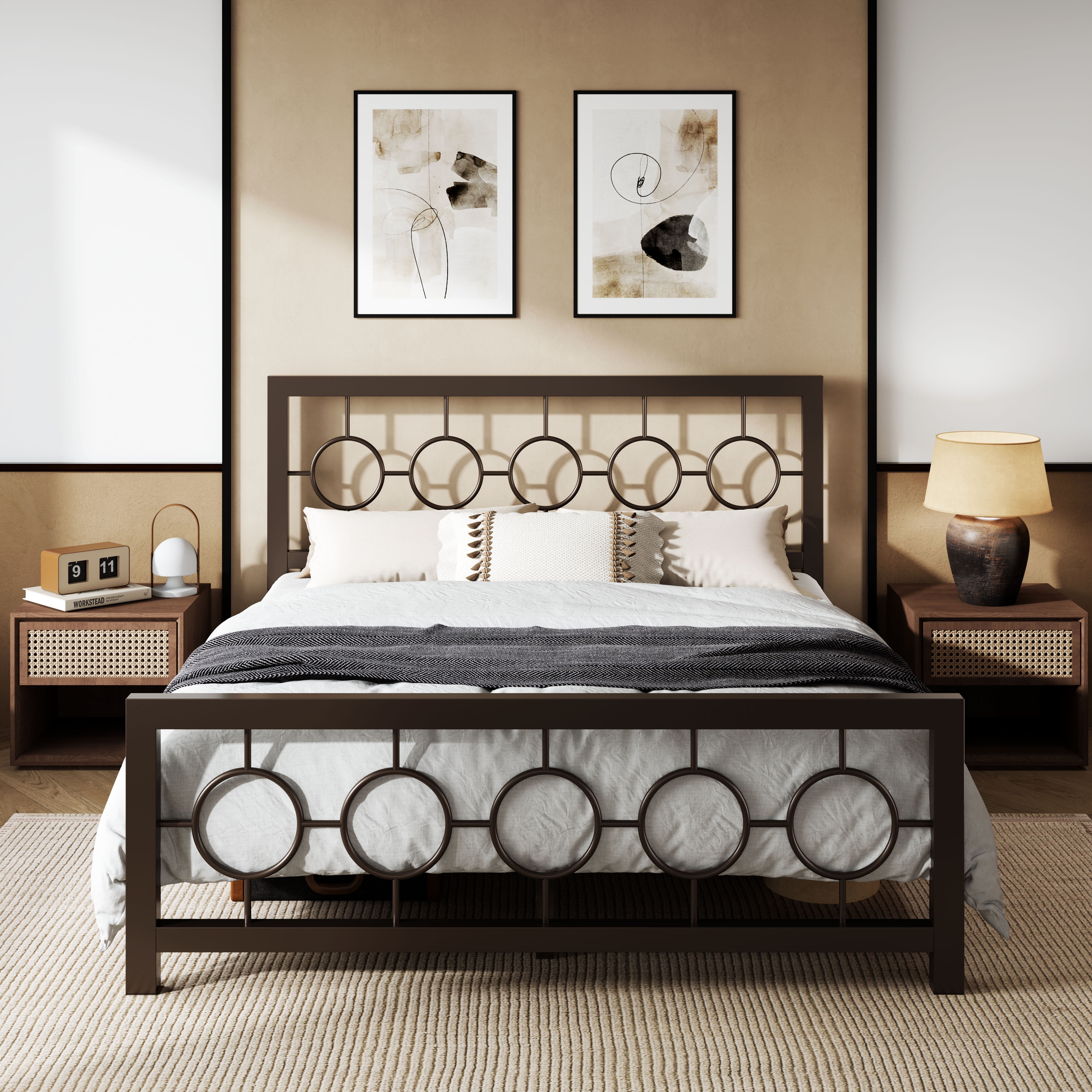 Sifurni Queen Size Metal Platform Bed Frame with Modern & Vintage Headboard and Footboard, Brown
