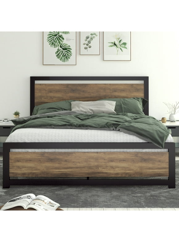 Allewie Queen Size Metal Platform Bed Frame with Square Frame Wooden Headboard&Footboard, Brown