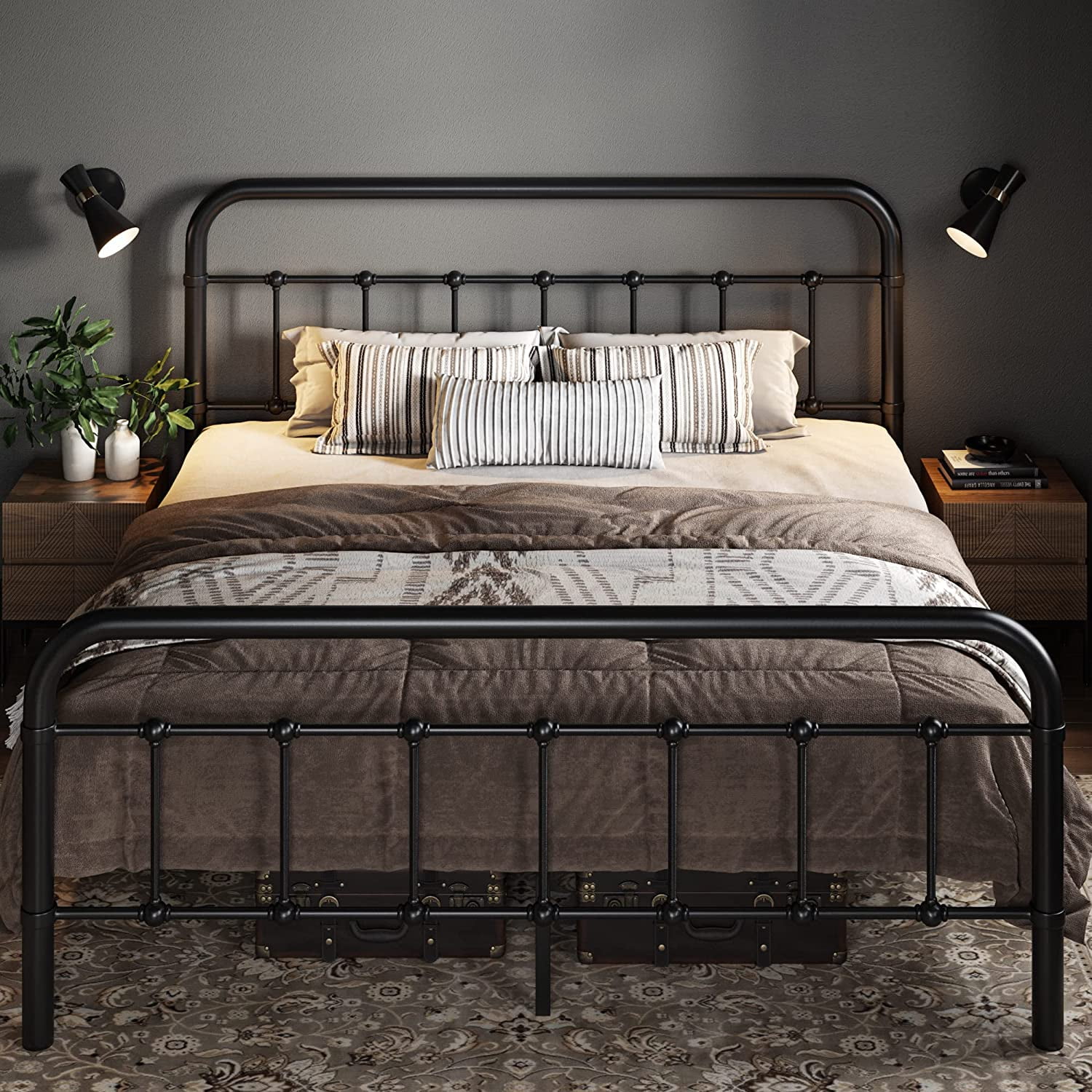 Allewie Queen Size Metal Platform Bed Frame with Victorian Style Wrought Iron Art Headboard Footboard Black