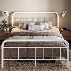 Allewie Queen Size Metal Platform Bed Frame with Victorian Style Wrought Iron-Art Headboard/Footboard, White