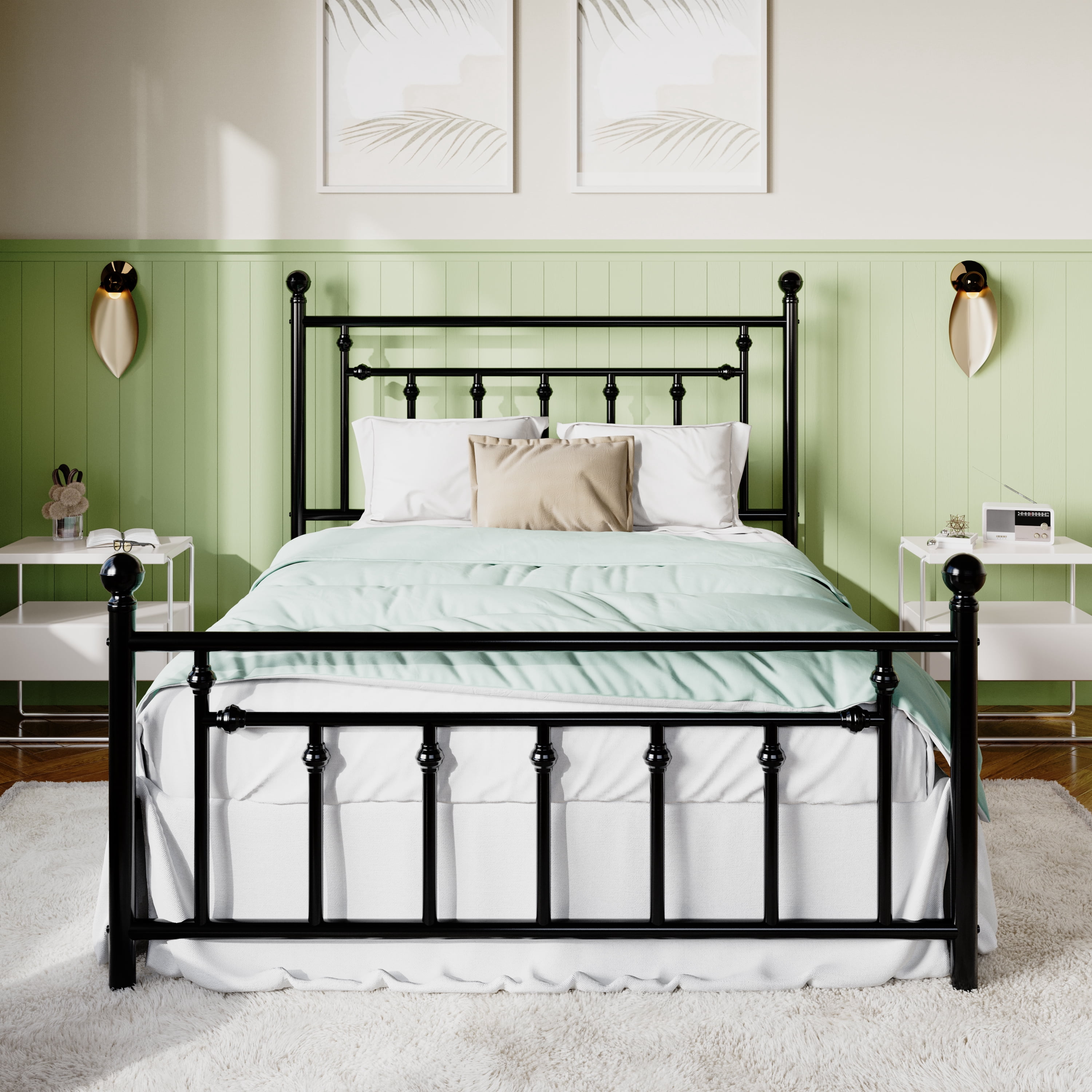 Sifurni Queen Size Metal Platform Bed Frame with Victorian Vintage Headboard, Black
