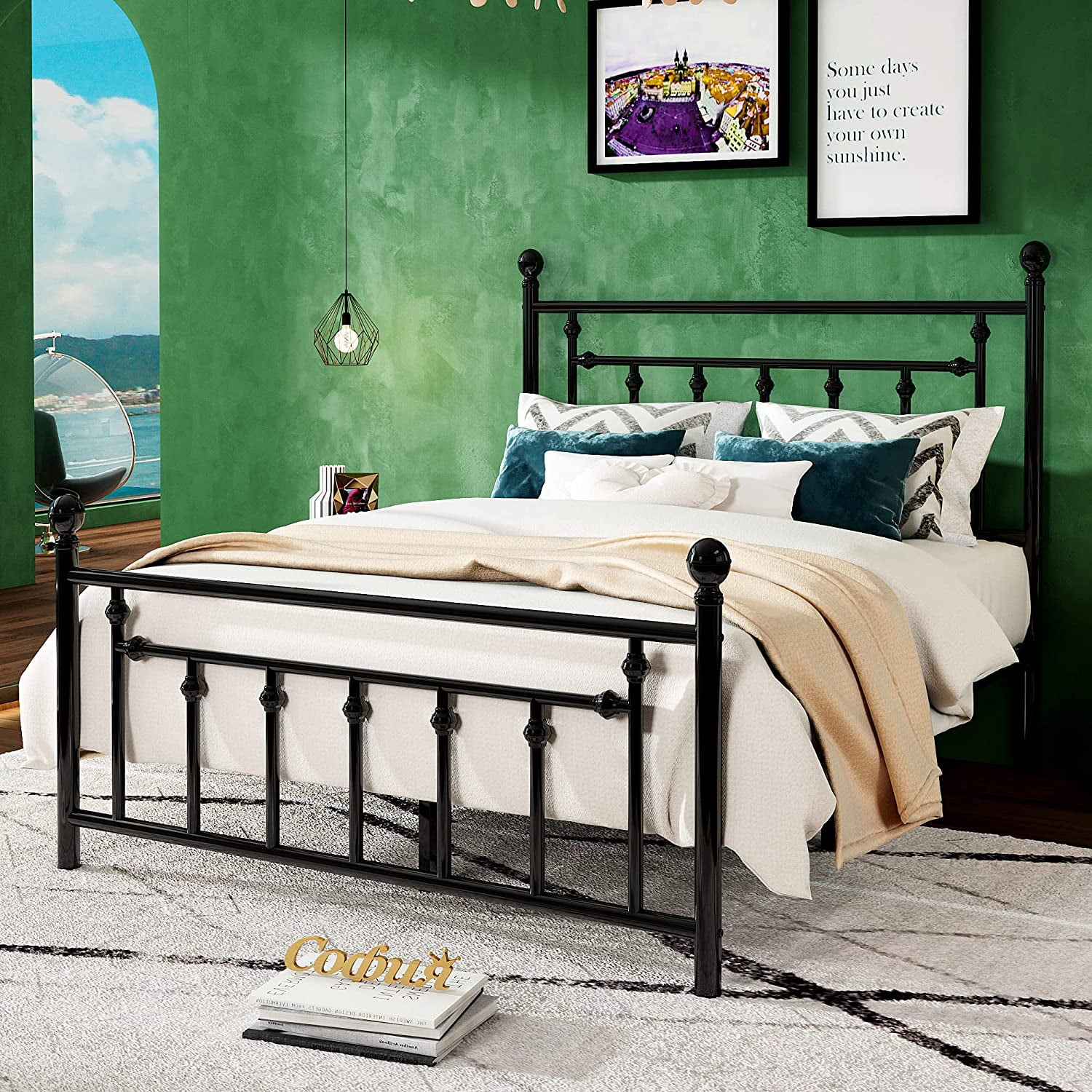 Allewie Queen Size Metal Platform Bed Frame With Victorian Vintage ...