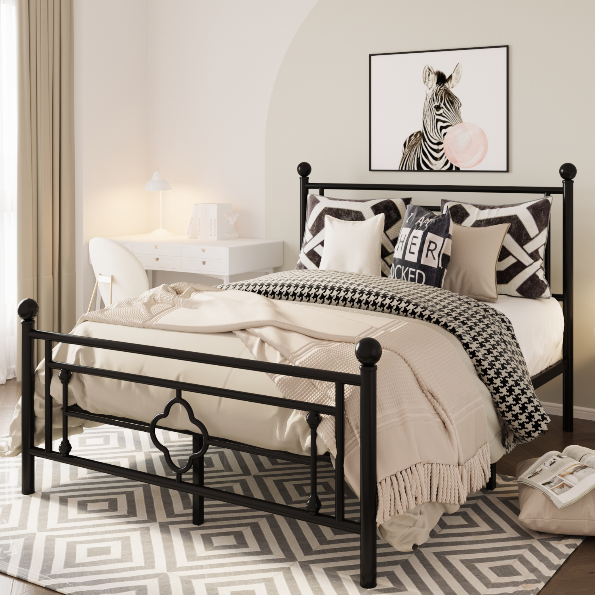 VECELO Metal Platform Bed Frame with Victorian Headboard and Footboard