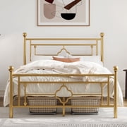 Allewie Queen Size Metal Platform Bed Frame with Victorian Vintage Headboard and Footboard, Gold