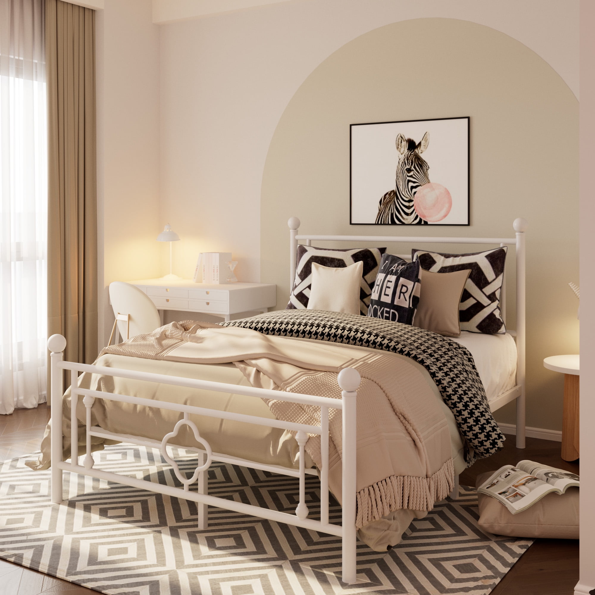 Allewie Queen Size Metal Platform Bed Frame with Victorian Vintage Headboard and Footboard White