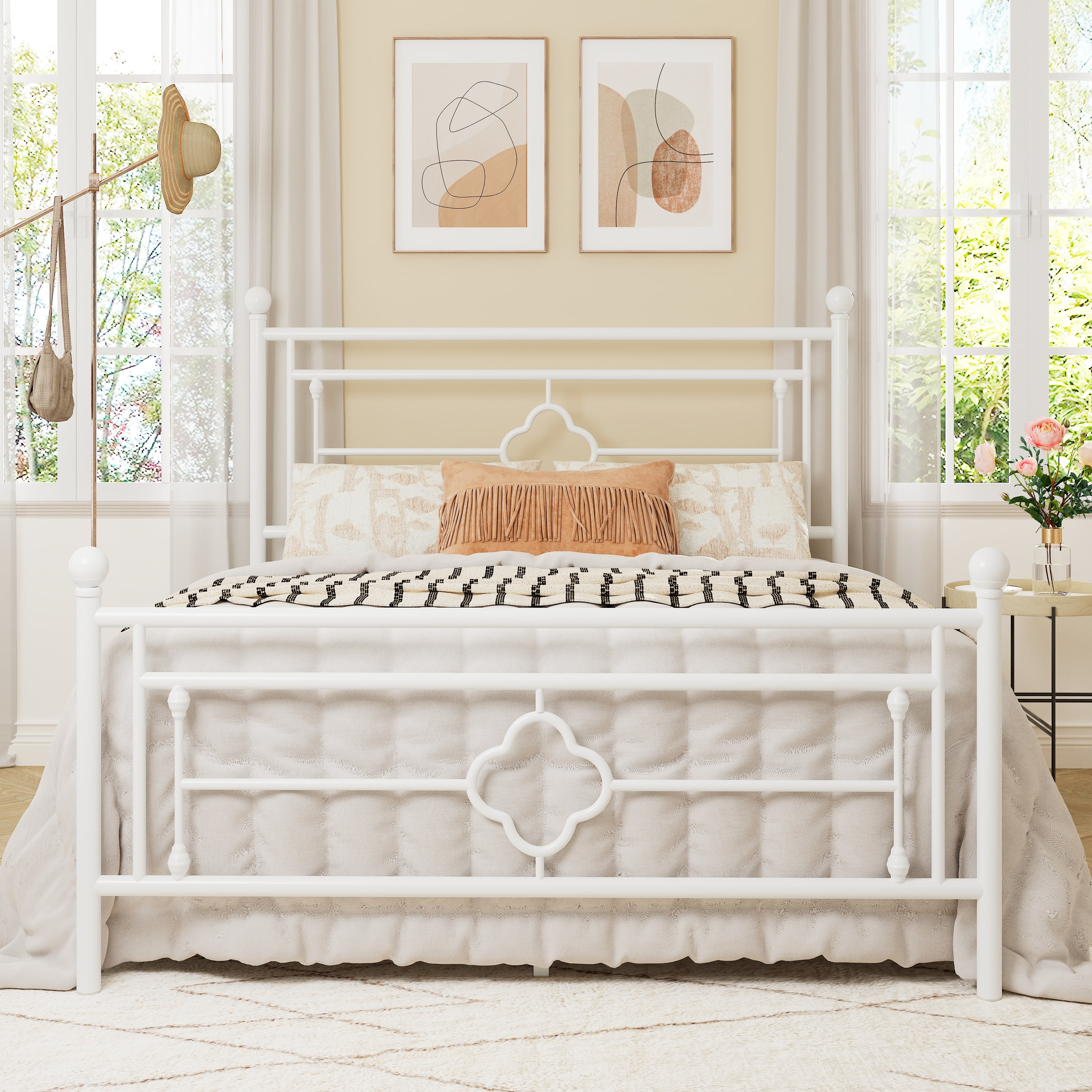 Allewie Queen Size Metal Platform Bed Frame with Victorian Vintage Headboard and Footboard White
